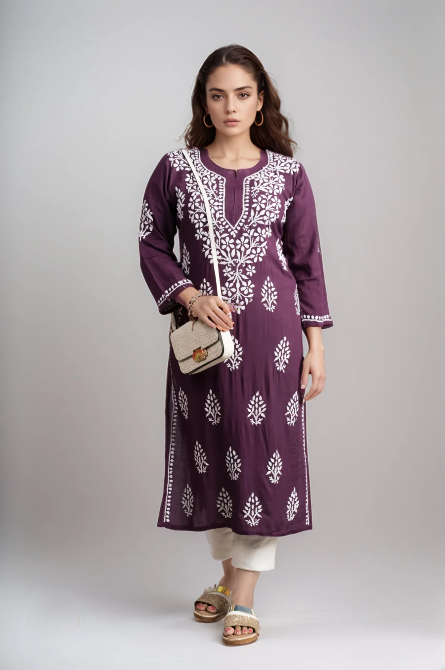 Wine Chikankari Modal Straight Kurti