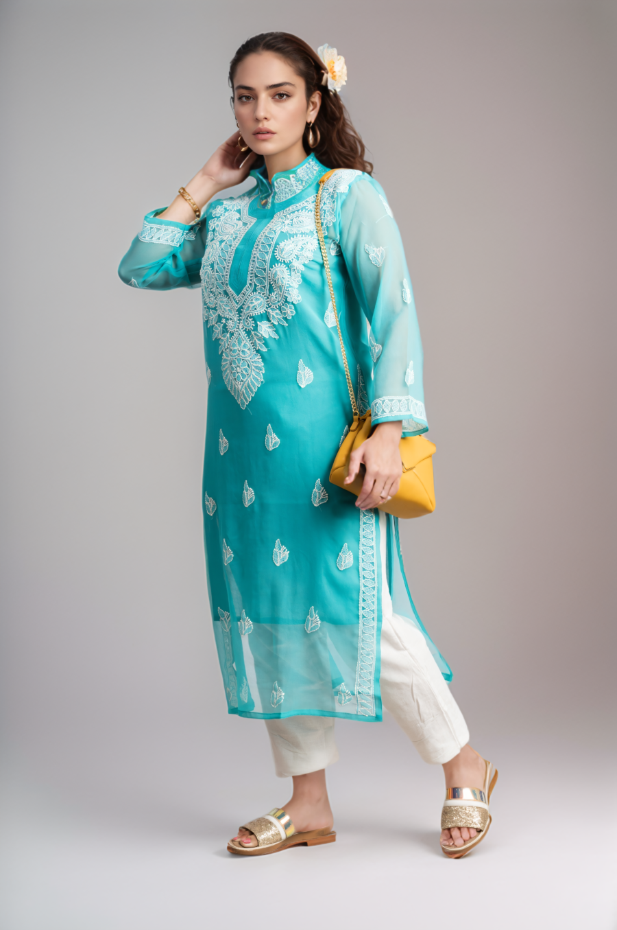 Turquoise Floral Embroidered Chikankari Straight Kurti