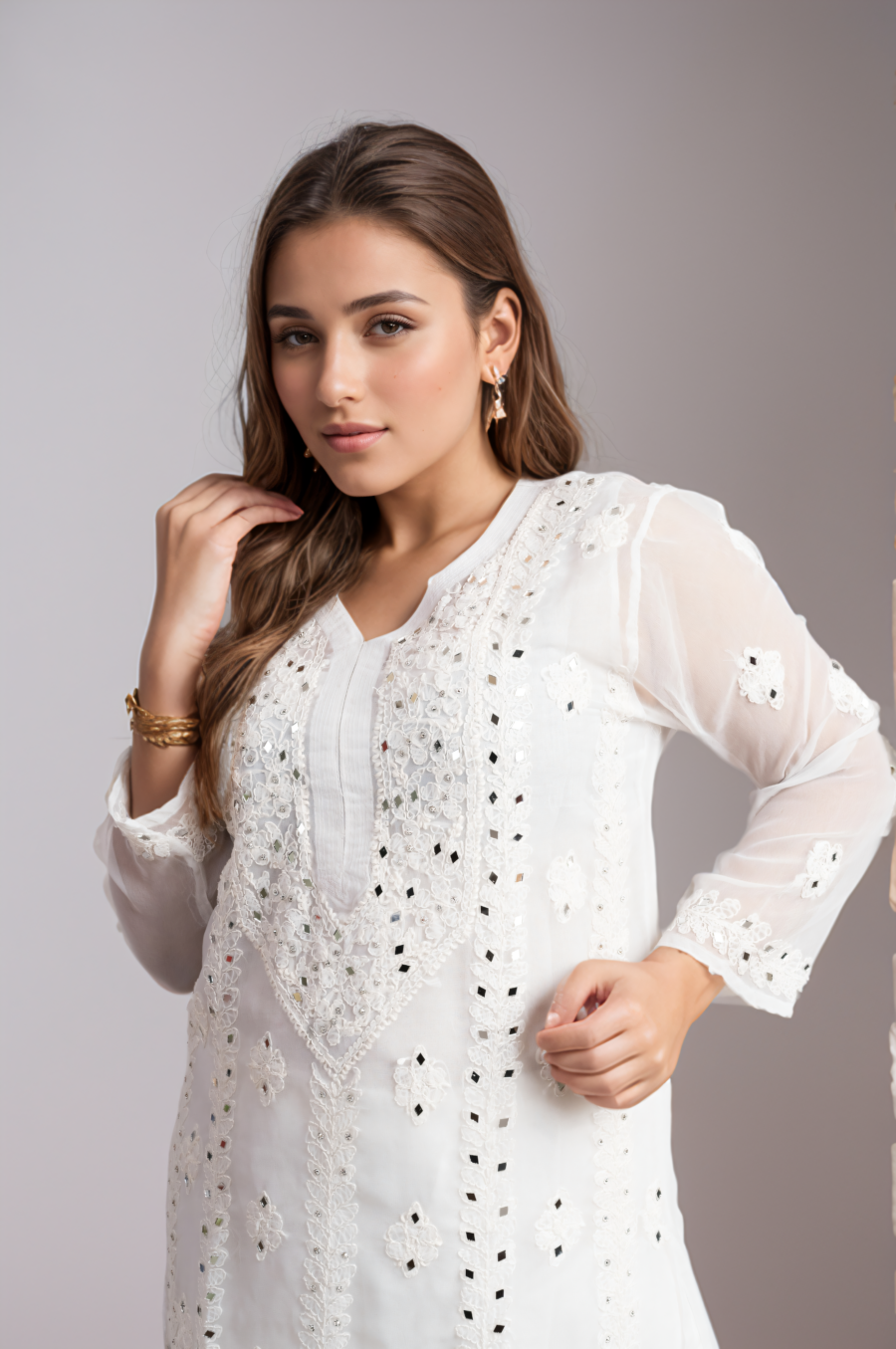 White Mirror Embroidered Chikankari Straight Kurti