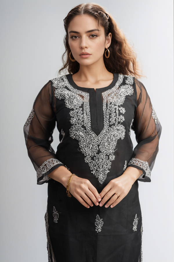 Black Floral Embroidered Chikankari Straight Kurti