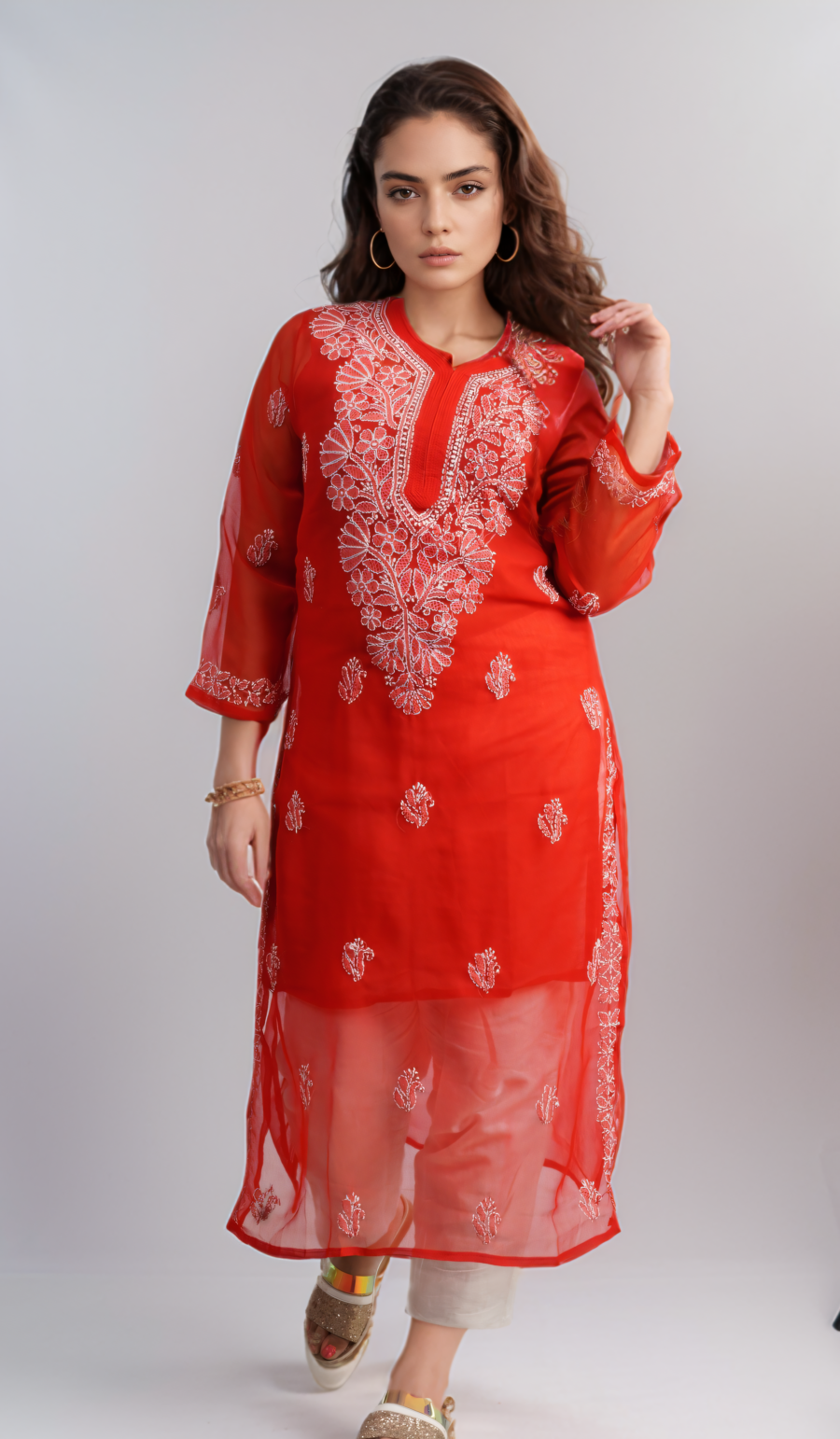 Red Floral Embroidered Chikankari Straight Kurti