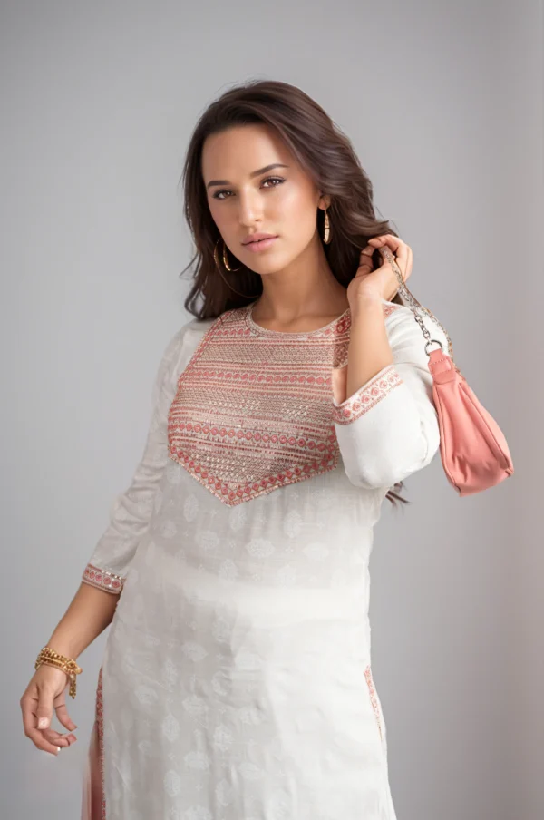 Ivory White Embroidered Yoke Kurti