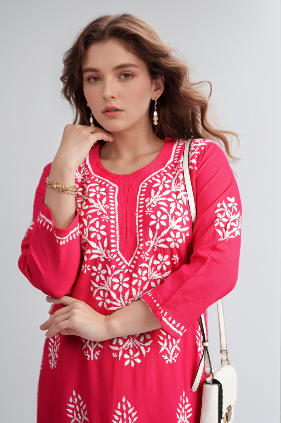 Pink Chikkankari Modal Straight Kurti