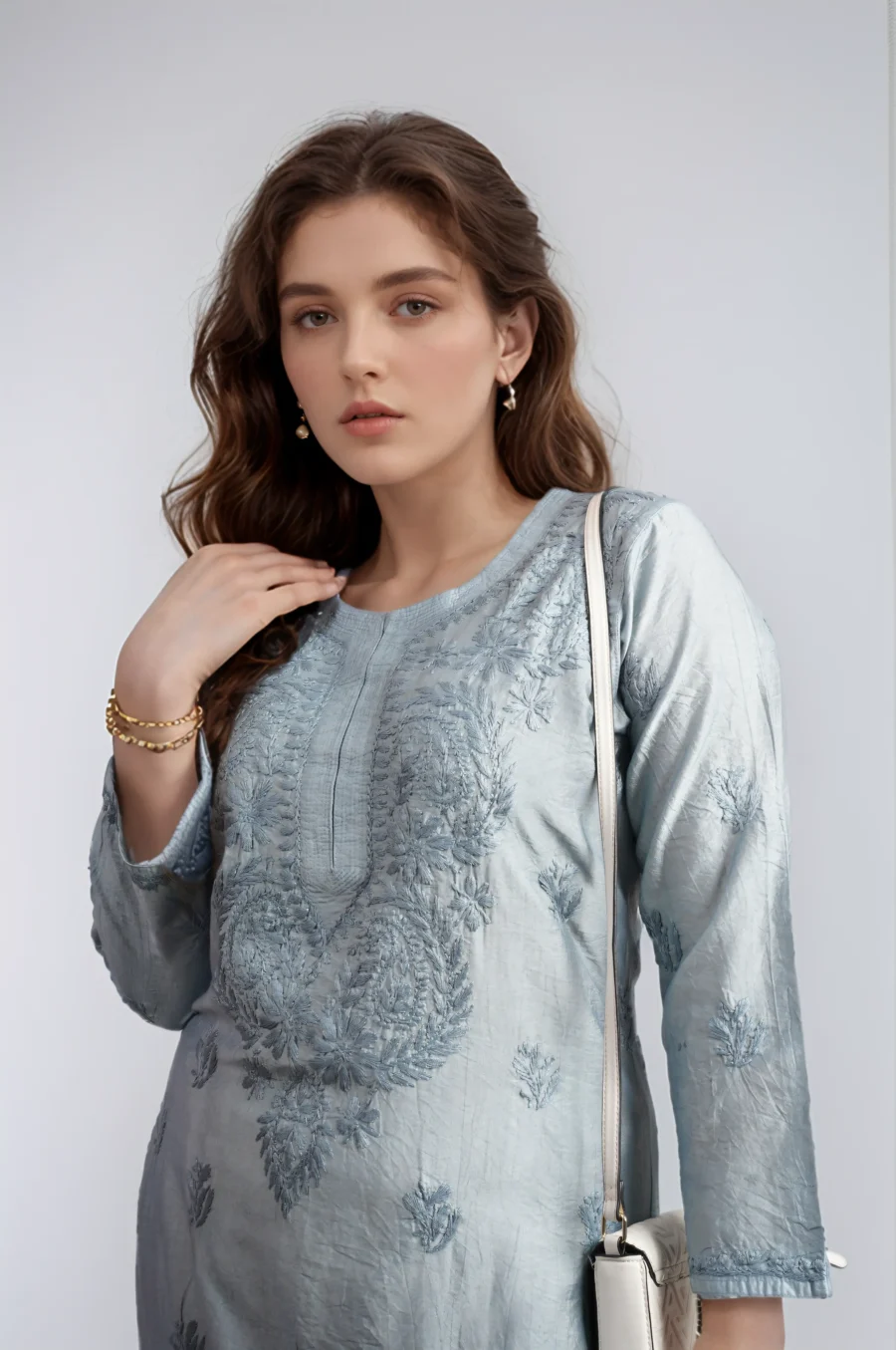 Grey Chanderi Silk Chikkankari Kurti