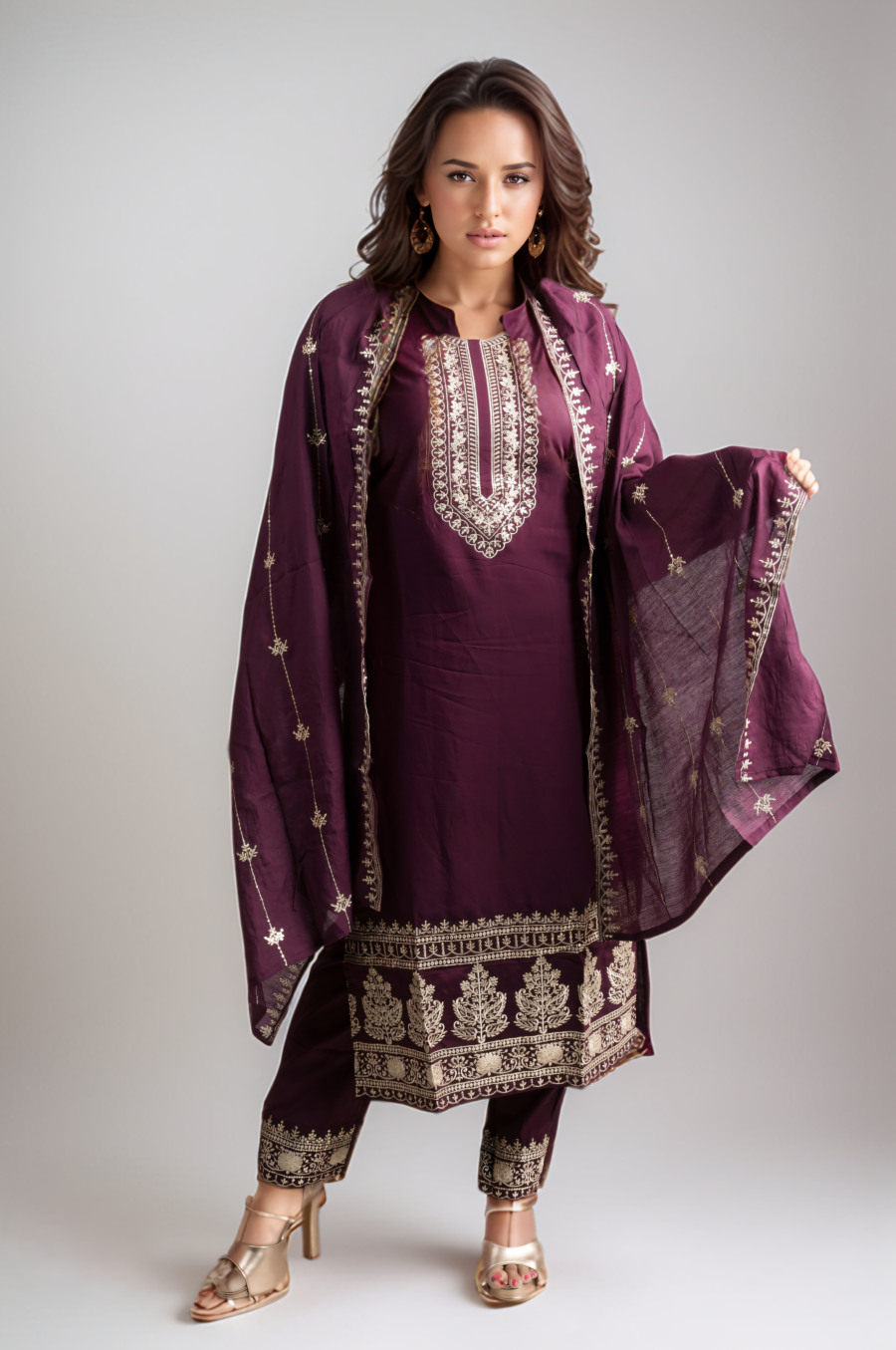 Magenta Embroidered Yoke Dupatta Set