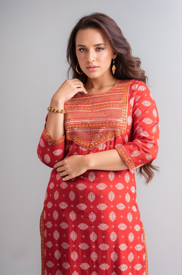 Red Printed Embroidered Yoke Kurti