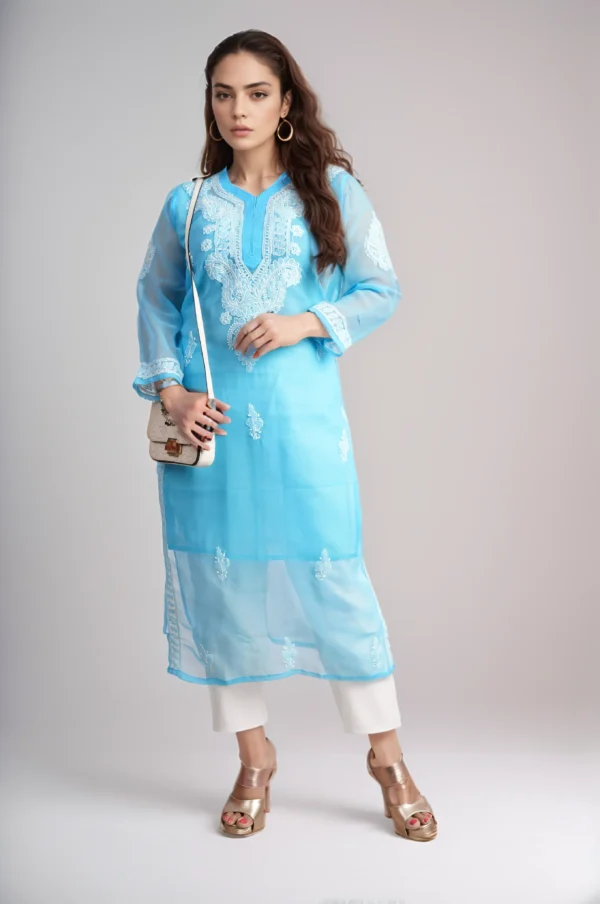 Blue Floral Embroidered Chikankari Straight Kurti