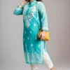 Turquoise Floral Embroidered Chikankari Straight Kurti
