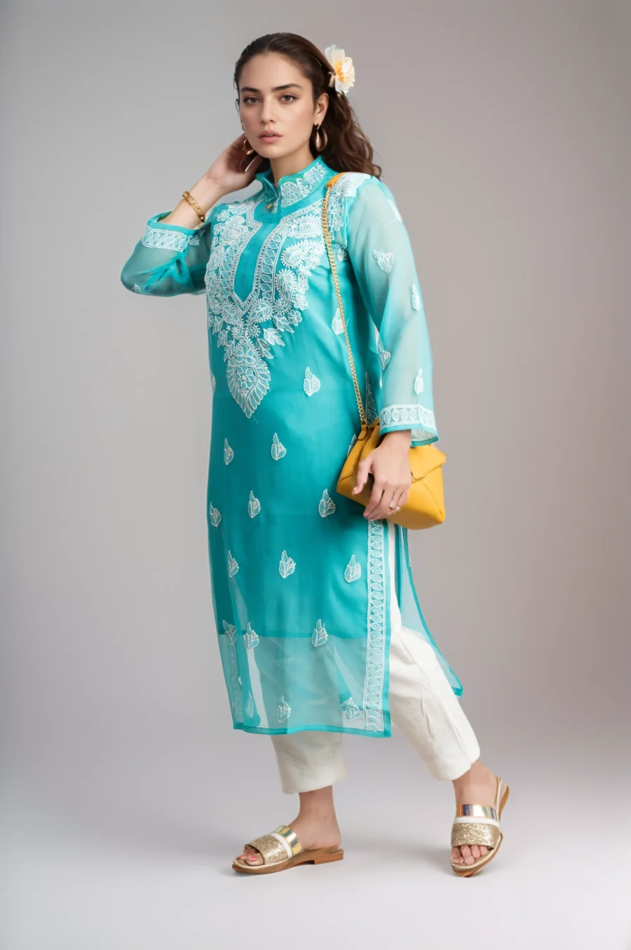 Turquoise Floral Embroidered Chikankari Straight Kurti