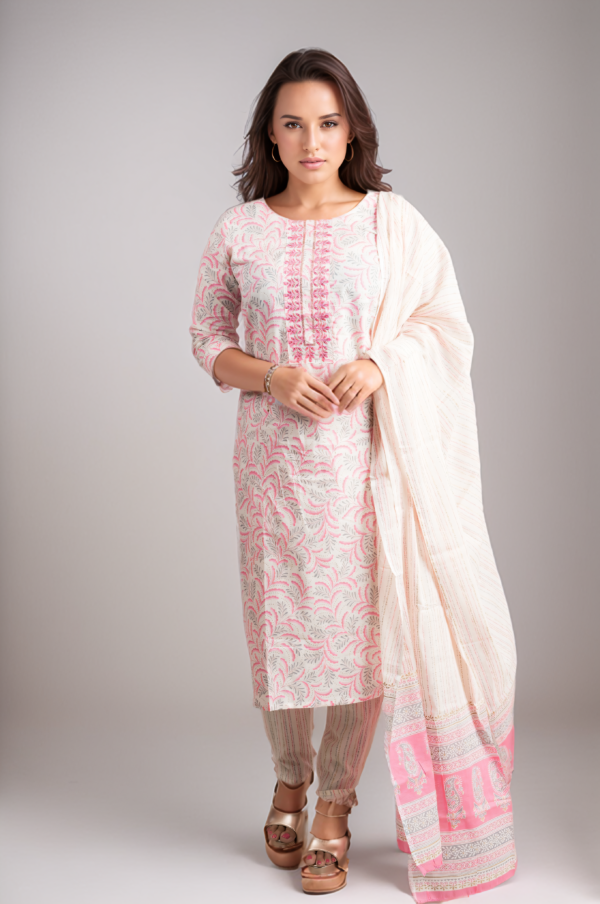 Pink Print Embroidered Yoke Dupatta Set