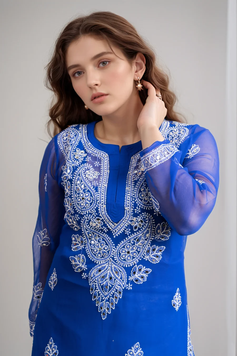 Blue Mirror Embroidered Chikankari Straight Kurti