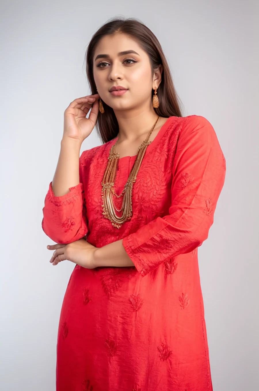 Red Chanderi Silk Chikkankari Kurti