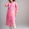 Pink Floral Embroidered Chikankari Straight Kurti