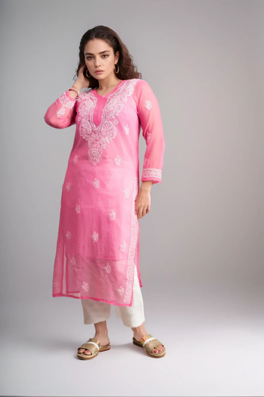 Pink Floral Embroidered Chikankari Straight Kurti