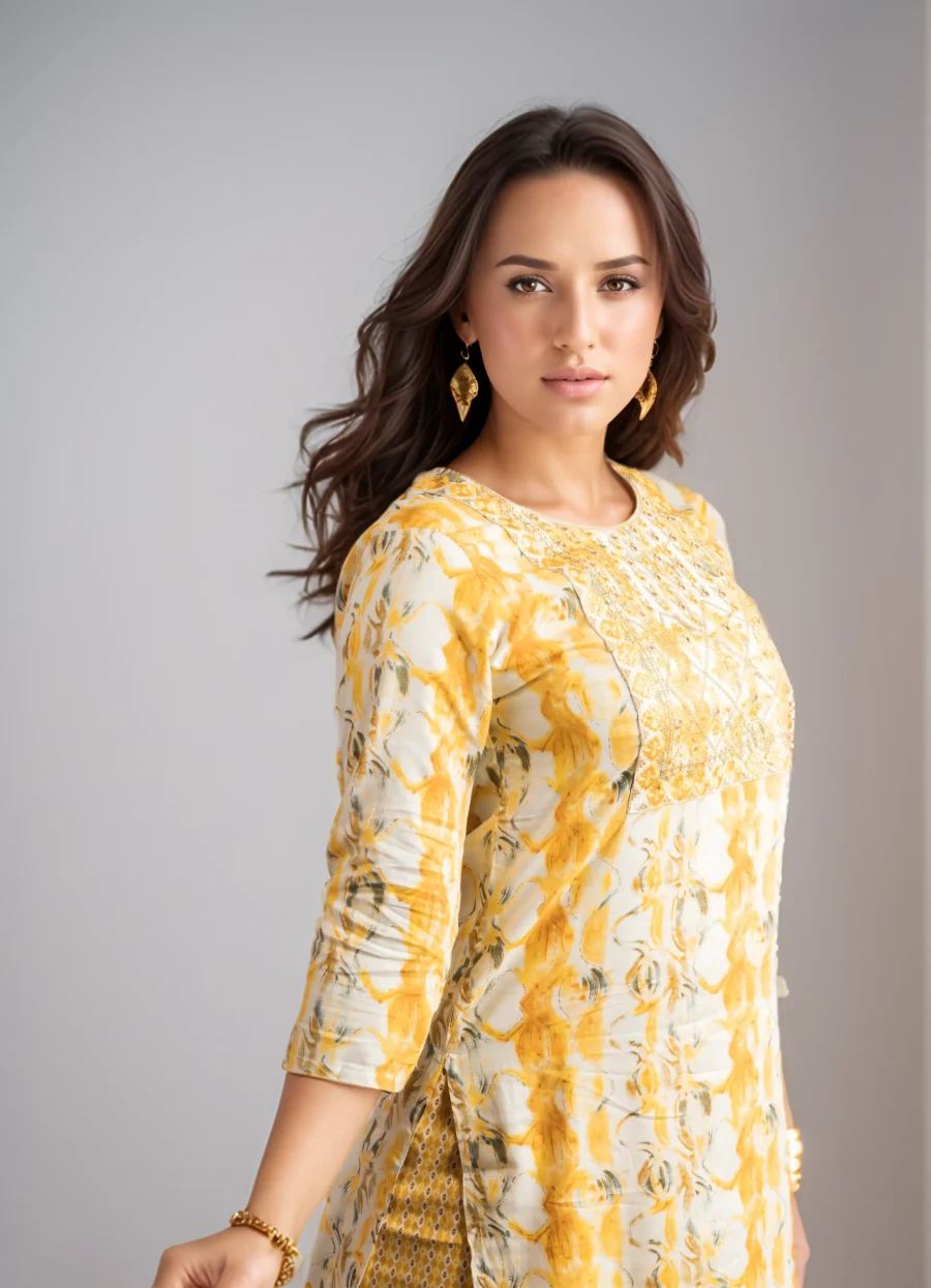 Yellow Print Embroidered Yoke Capsule Set