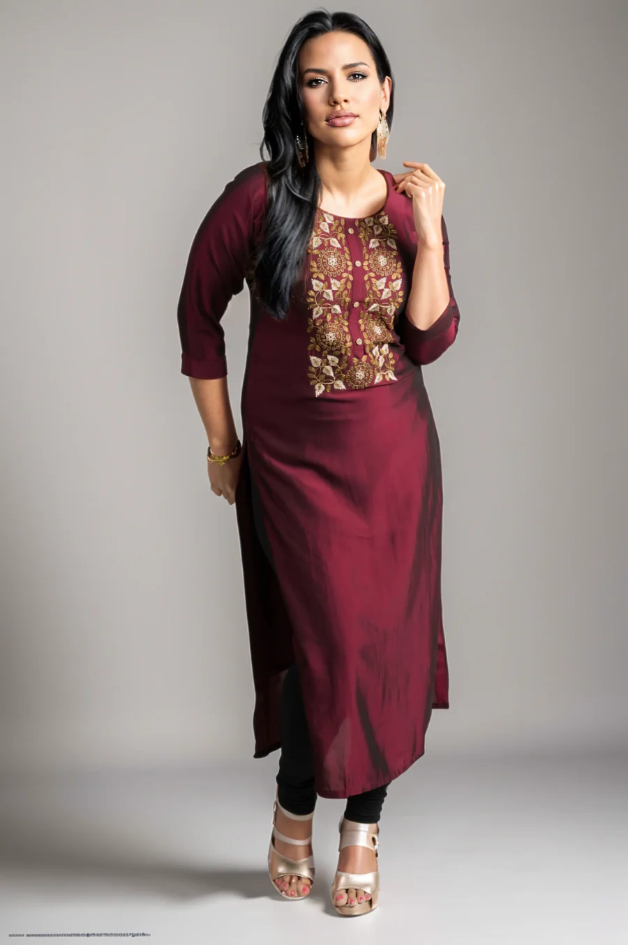 Maroon Designer Silk Embroidered Yoke Kurti