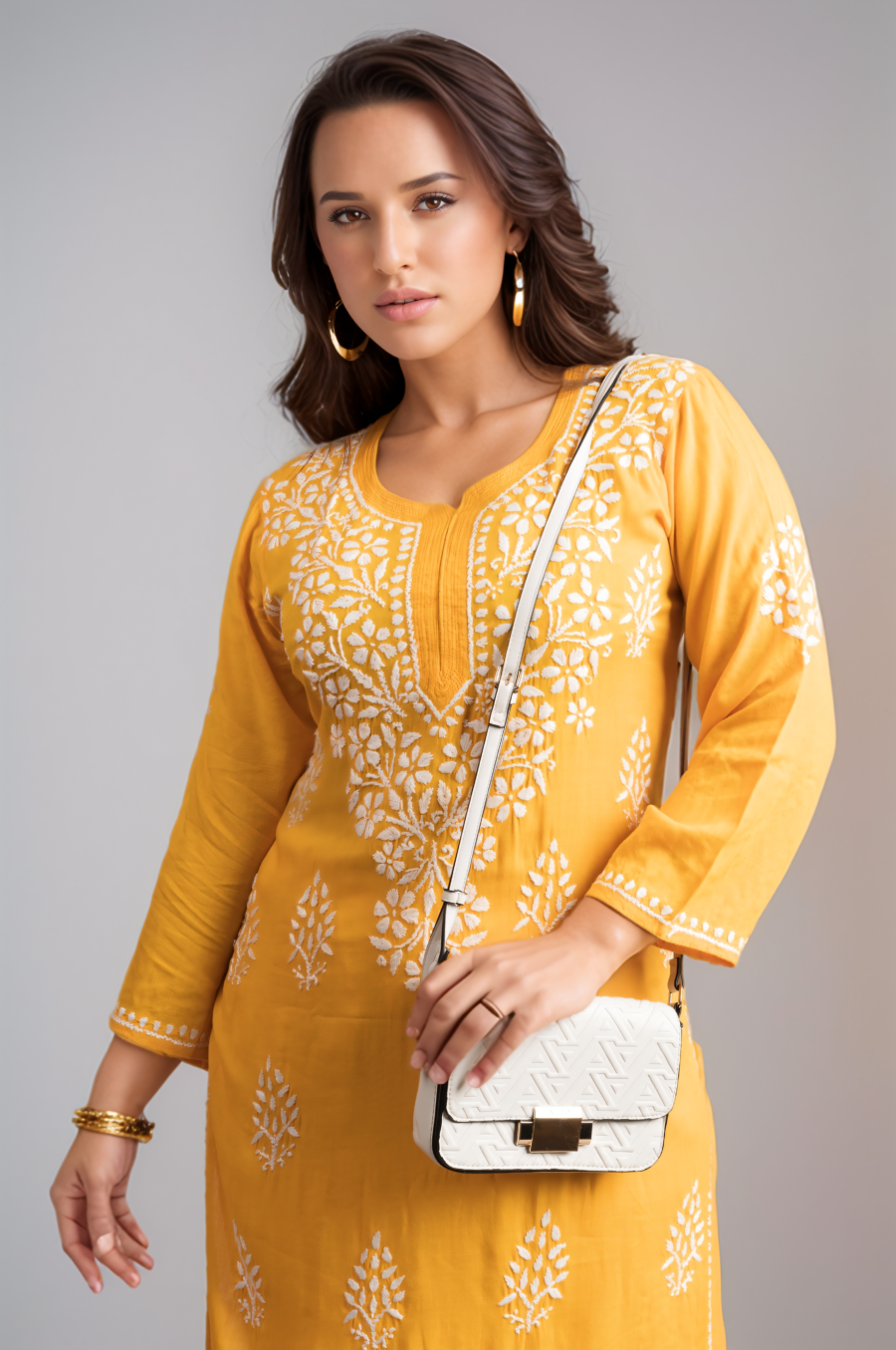 Mustard Chikankari Modal Straight Kurti