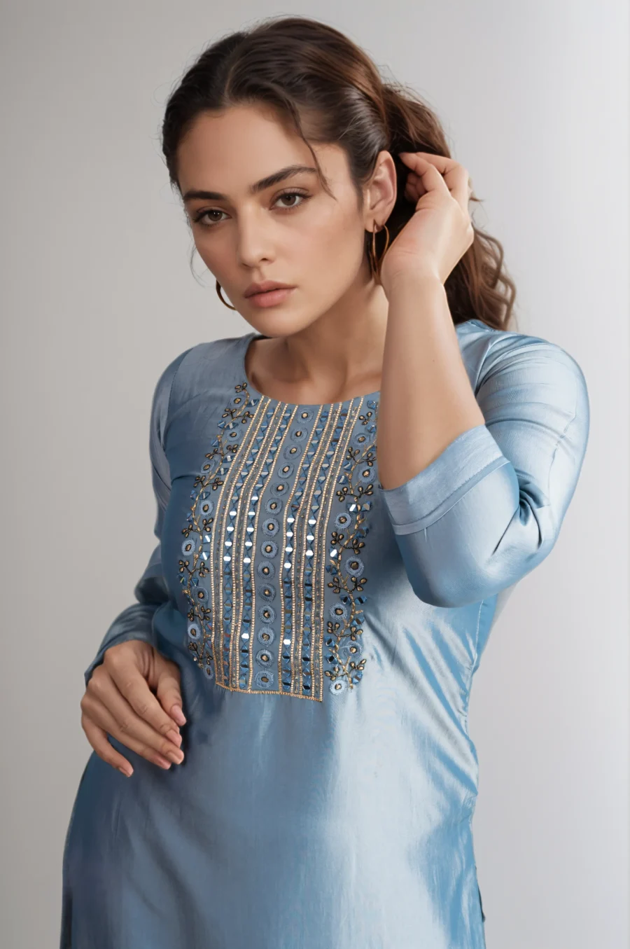 Grey Designer Silk Embroidered Yoke Kurti