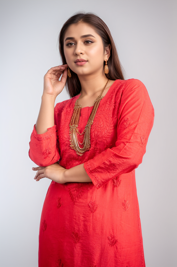 Red Chanderi Silk Chikankari Kurti