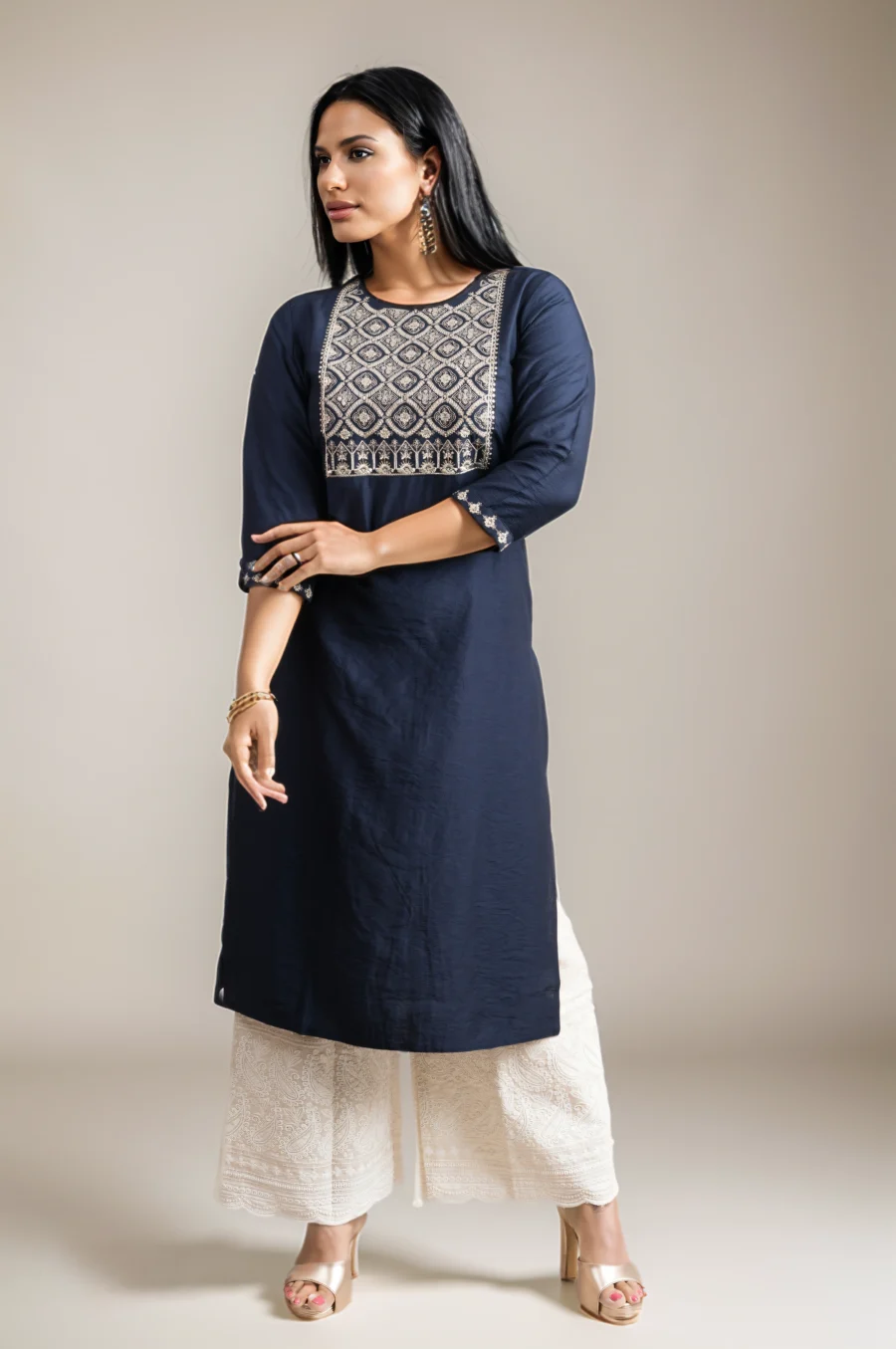 Navy Blue Embroidered Yoke Kurti