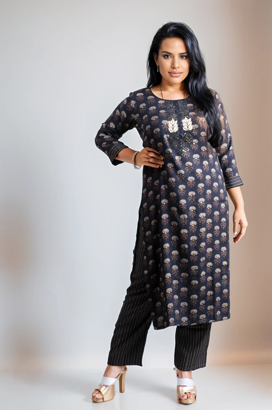 Navy Blue Printed Mirror Embroidered Yoke Capsule Set