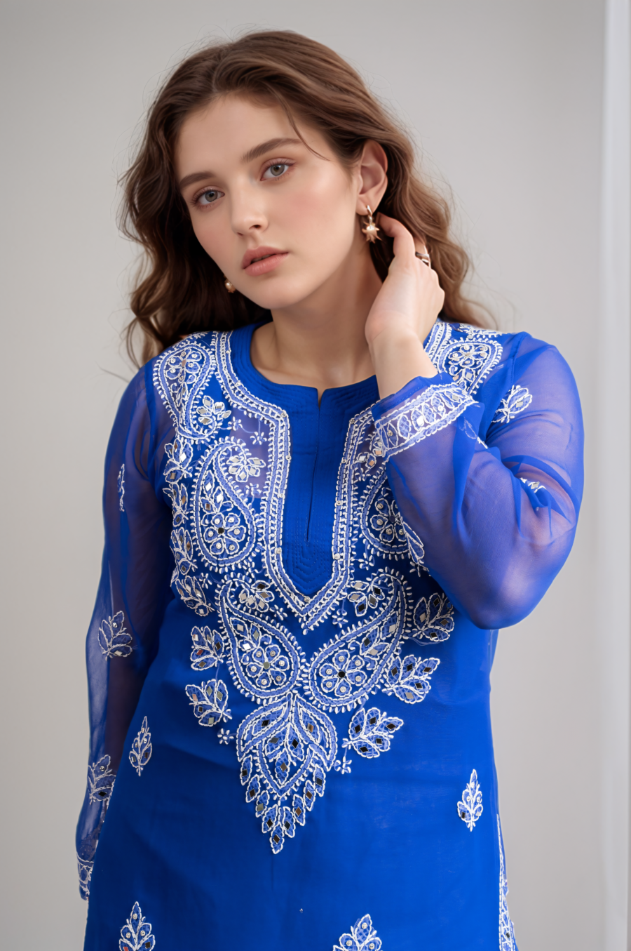 Blue Mirror Embroidered Chikankari Kurti.