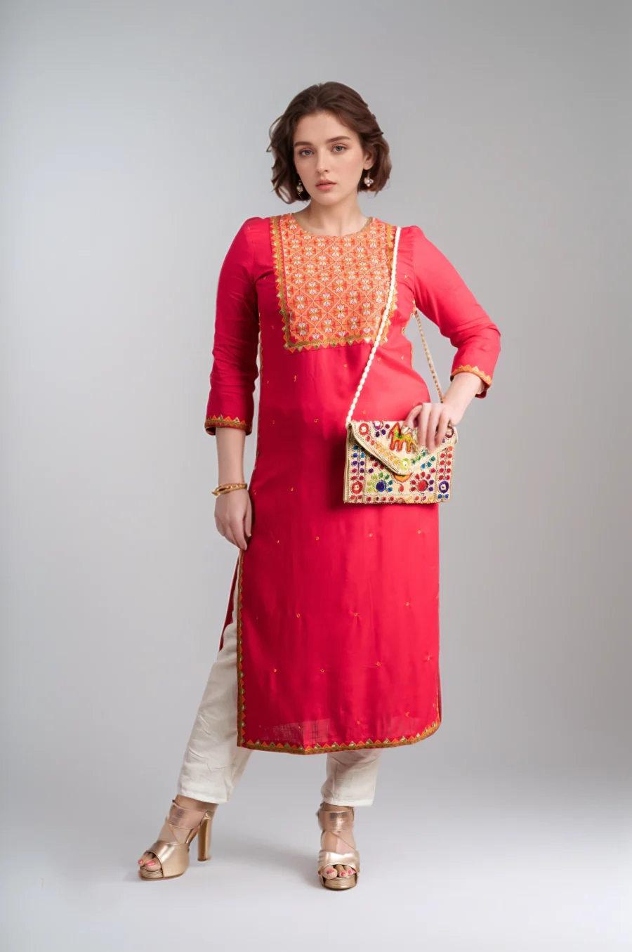 Pink Embroidered Yoke Kurti