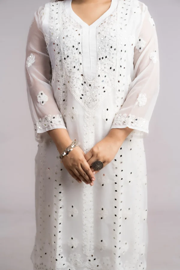 White Mirror Embroidered Chikankari Straight Kurti