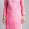 Pink Floral Embroidered Chikankari Straight Kurti