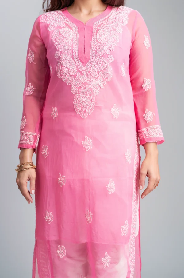 Pink Floral Embroidered Chikankari Straight Kurti