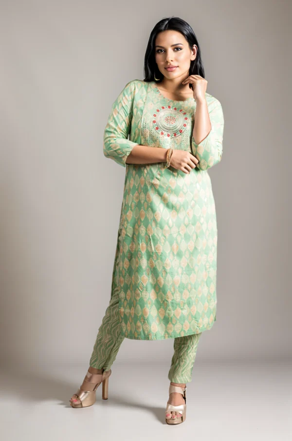 Printed Embroidered Yoke Capsule Set in green colour