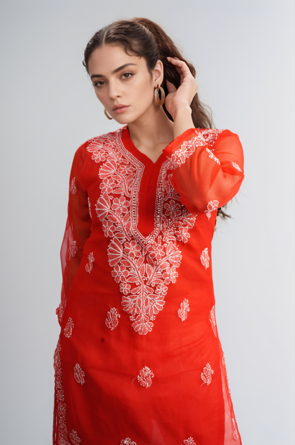 Red Chikankari Straight Kurti