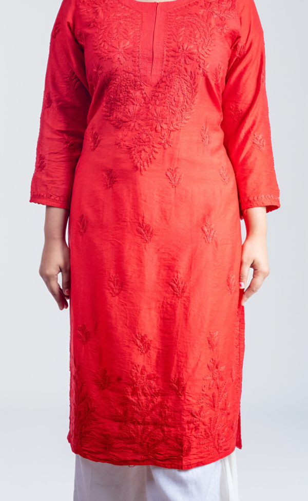 Chikankari Pure Chanderi Silk Red Kurti