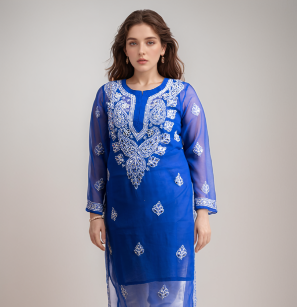 Blue Mirror Chikankari Kurti.