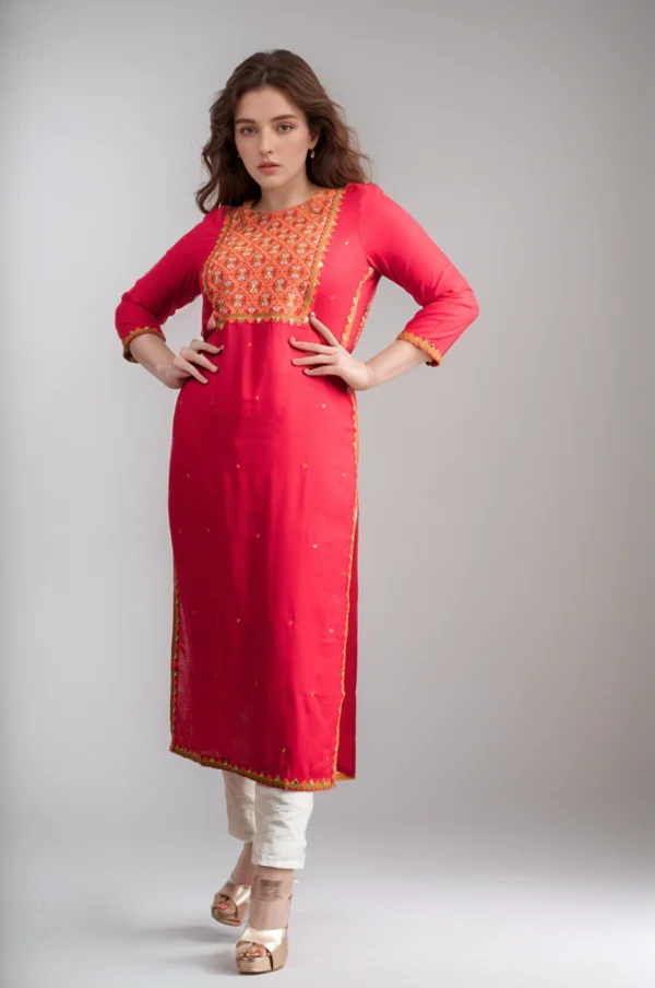 cotton pink embroidered yoke kurti