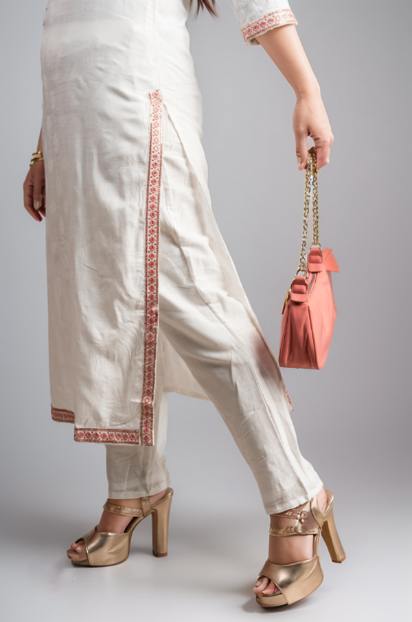 women ivory white embroidered yoke kurti