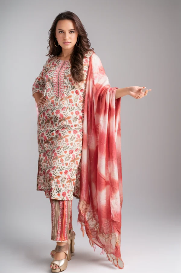 Peach Floral Embroidered Yoke Dupatta Set