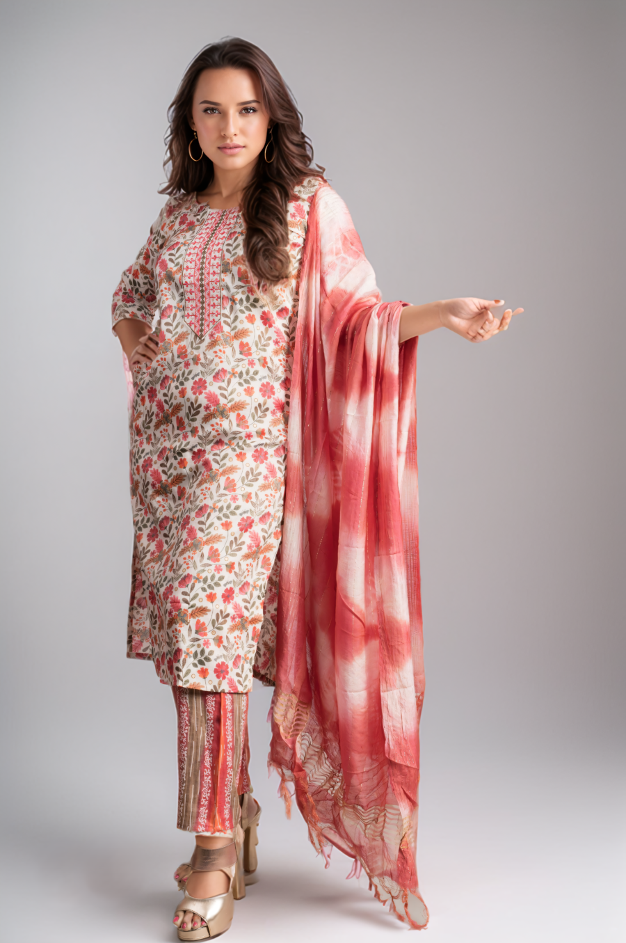 Peach Floral Embroidered Yoke Dupatta Set