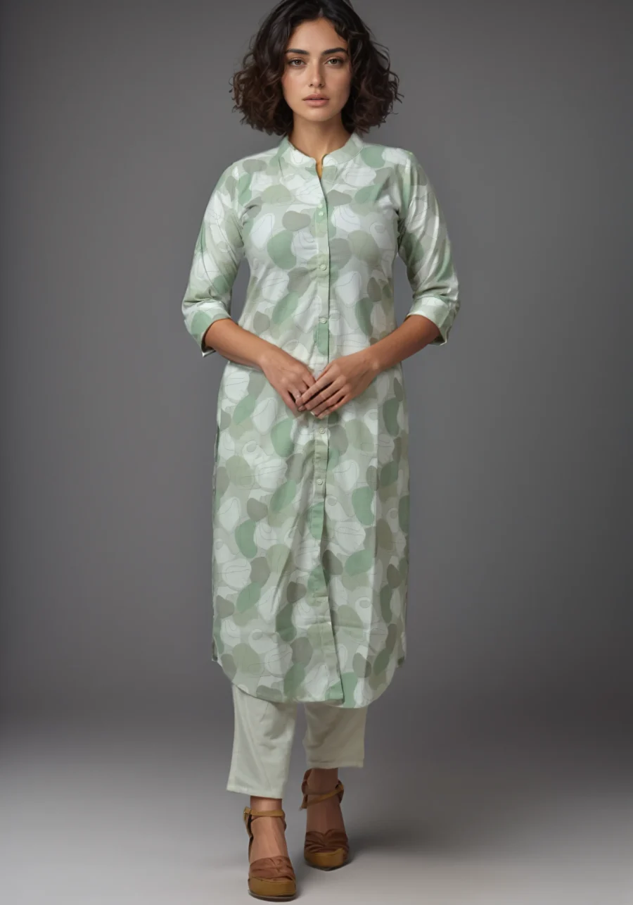 Green Floral A Shape Collar Style Kurti