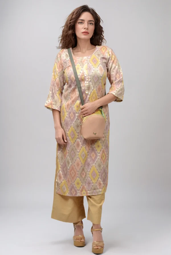 Yellow & Mauve Printed Rayon Kurti