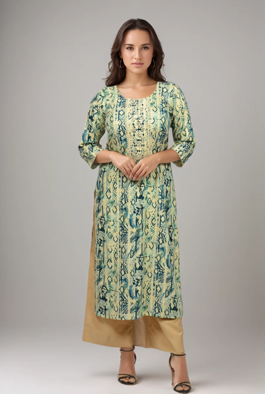 Cream & Blue Yoke Embroidered Rayon Kurti