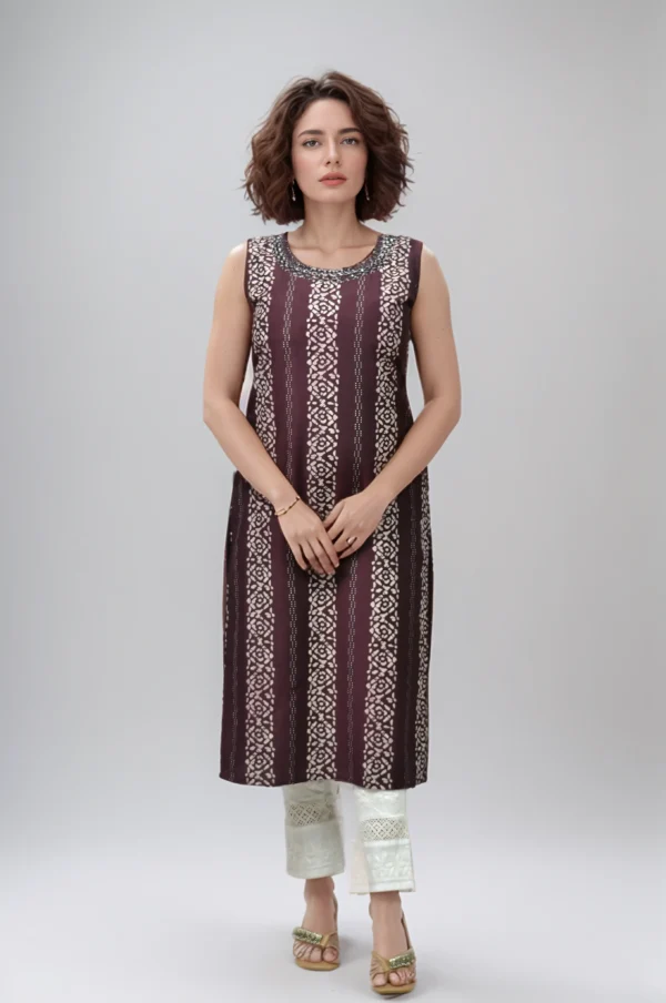 Wine Sleeveless Embroidered Kurti