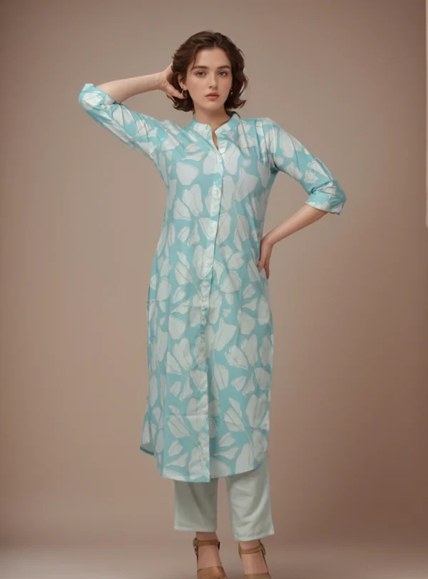 Sky Blue Floral A Shape Collar Style Kurti