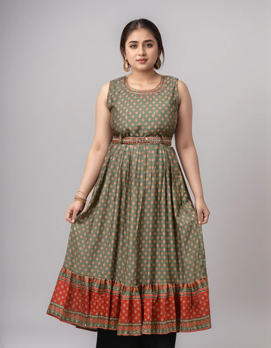 Embroidered Frock Style Sleeveless Kurti