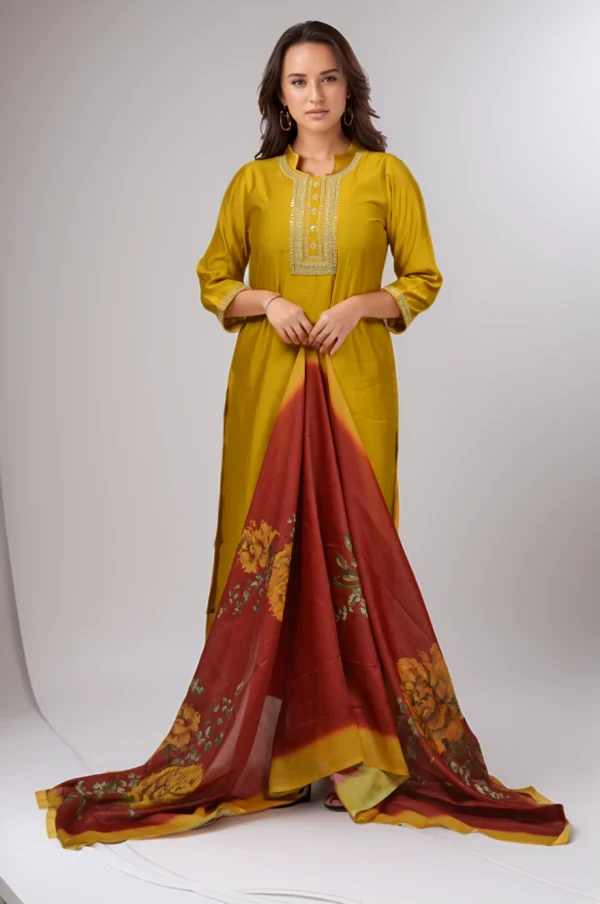 Yellow Yoke Embroidered Dola Silk Dupatta Set